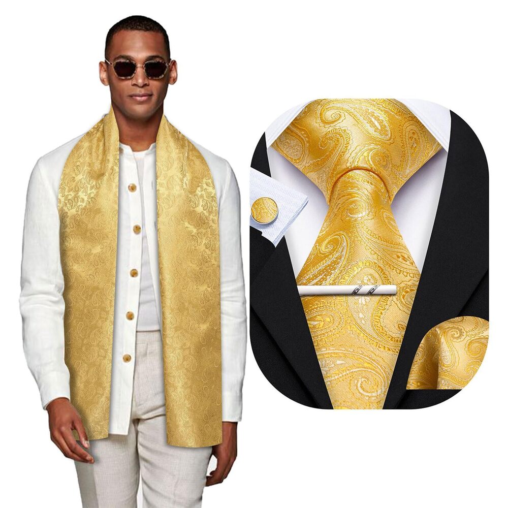 9417 Yellow Scarf and Tie with Tie Clip Paisley Silk Necktie Pocket Square